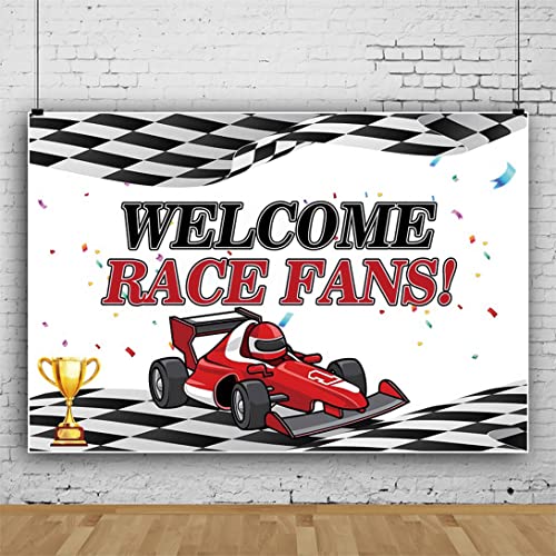 CSFOTO 12x8ft Welcome Race Fans Racing Car Banner Backdrop Trophy Check Flag F1 F3 Theme Decorations Decor for Hot Wheels 1st