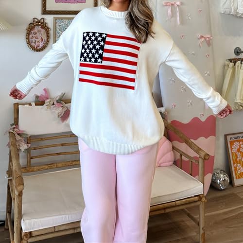 Image of Womens American Flag Sweater Long Sleeve Crew Neck Star Graphic Knit Pullover Tops Casual Loose USA Sweater