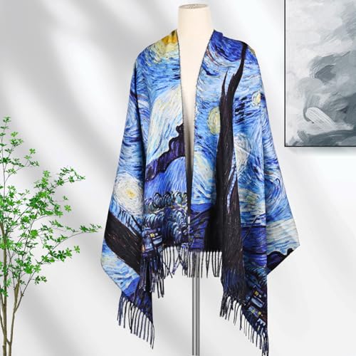 FINIZO Soft Cashmere Feel Scarf for Women Large Shawl Wrap Van Gogh Monet Art Print Scarf3