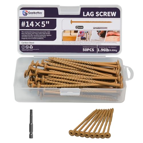 Lag Screws 5 Inch, 50PCS Heavy Duty Construction Screw, Structural Wood Screw #14 x 5, Rust Resistant, Washer Head, Yellow Coated Exterior Wood/Lag Screws, Star Drive with Bit