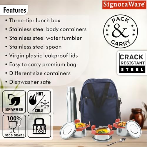 Image of SignoraWare All Steel Fusion Jumbo Stainless Steel Lunch Box | Airtight & Leakproof | Ideal for Office, School, Travel & Outdoor Use (500mlx2 + 350ml + 1 LTR | Set of 4 | Red)