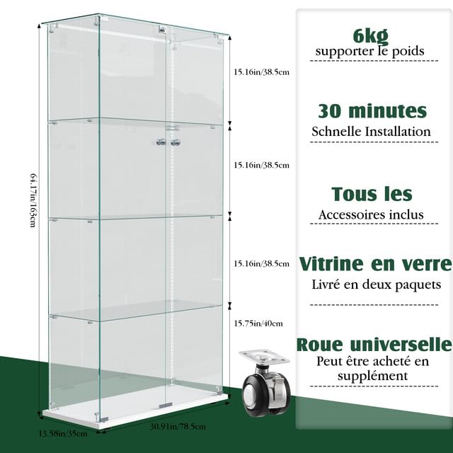 Vitrina de Cristal con LED y Cerradura, Armario Vitrina 78,5 x 35 x 163 cm, Vitrinas de Exposición de 4 Niveles con Estantes Regulables, Mueble Vitrina para Salón, Oficina, Figuras y Libros,Blanco-D