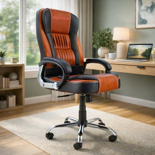 Image of NEWTURN Dragon HIGH Back (Pre Assembled) with Heavy Duty Metal Stand Premium Leather Ergonomic Boss Revolving Office Chair with 2 Years Warranty (Premium Tan Black)
