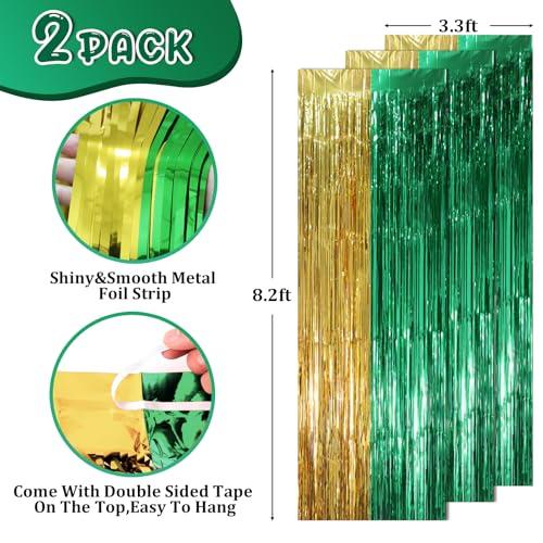 Image of Voircoloria 2 Pack Green and Gold Foil Fringe Backdrop Curtains, Tinsel Streamers Party Decorations, Fringe Backdrop, Door Shimmer for Graduation or Birthday Party