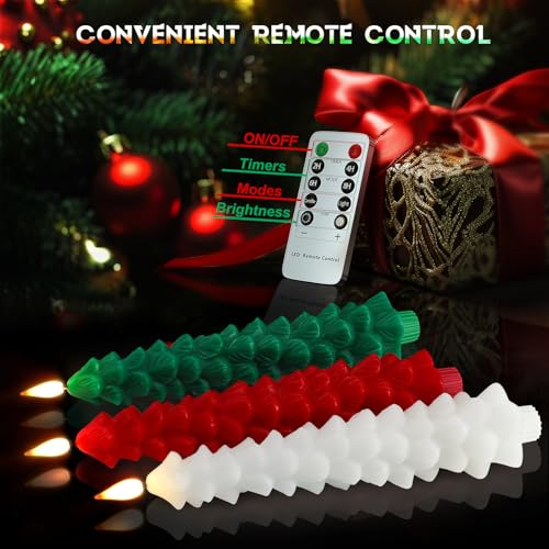 Image of PChero Christmas Tree Candles with Remote Timer, 3 Pack, 9.7 Inches | Real Wax, Flameless, Battery Operated, Window Candles, Taper Candle Sticks, for Xmas Fireplace Holiday Party Home Room Decor