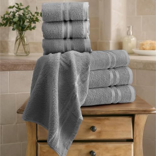 Image of 100% Cotton Terry Ultrasoft and Quick Absorbent 380 GSM Solid 6 pcs. Quick Dry Bath Towel Set for Bathroom or Gifting Towel Set (Grey)