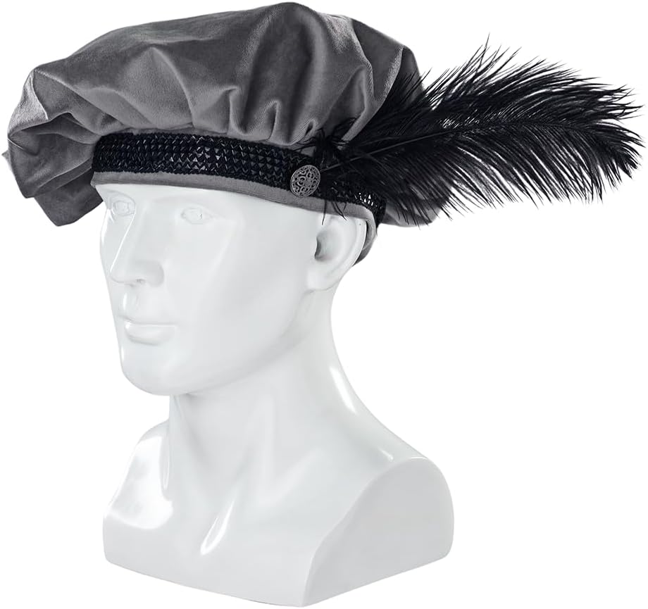 Willyacos Medieval Tudor Hat with Feather Velvet Renaissance Muffin Hat Tudor Flat Cap Minstrel Costume Elizabethan Hat Men - Image 3