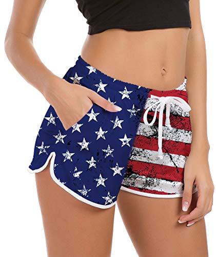 Idgreatim Women Surfing Beach Boardshorts Stripe and Star Flag Fast Dry Swimming Trunks Lightweight Water Sporting Swimsuit Bottom for Independence Day L