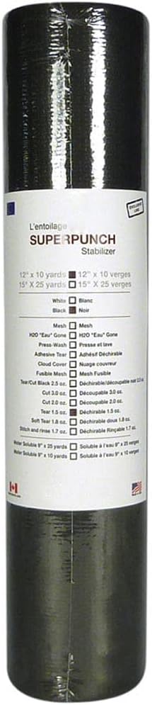Superpunch 1.5 oz Black Tear Away Stabilizer for Embroidery - 12 inch x 10 Yard Roll, SuperStable Tear Away Machine Embroidery Stabilizer Backing, Polyester & Cellulose - Made in The USA