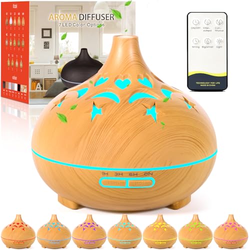 KDISHKRA 550ml Difusor Aceites Esenciales, Difusor de Aromas con 4 Temporizador y 7 Color LED y Mando a Distancia, Silencioso, Apagado automático, Humificador de Aromas Ultrasonico para Casa