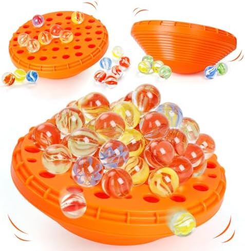 Marble Balance Game - 50 Colorful Marbles with Built-in Storage, Fun Family Challenge for 1-4 Players, Educational Toy for Kids & Adults, Perfect for Parties, Travel & Birthday Gifts (Pumpkin Orange)