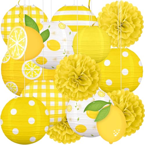 Renbuzhu 15PCS Summer Lemon Party Decorations Paper Lanterns Pom Poms Hanging Swirls...