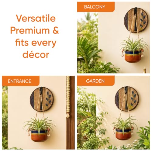 Image of AAKRITI ART CREATIONS Wall Hanging Planter with Hook | Blue & Brown Earthen Planter on Round Wooden, Modern Art, Matte Finish | Metal, Terracotta & Wood | Decor Hanging Pot for Indoor & Outdoor