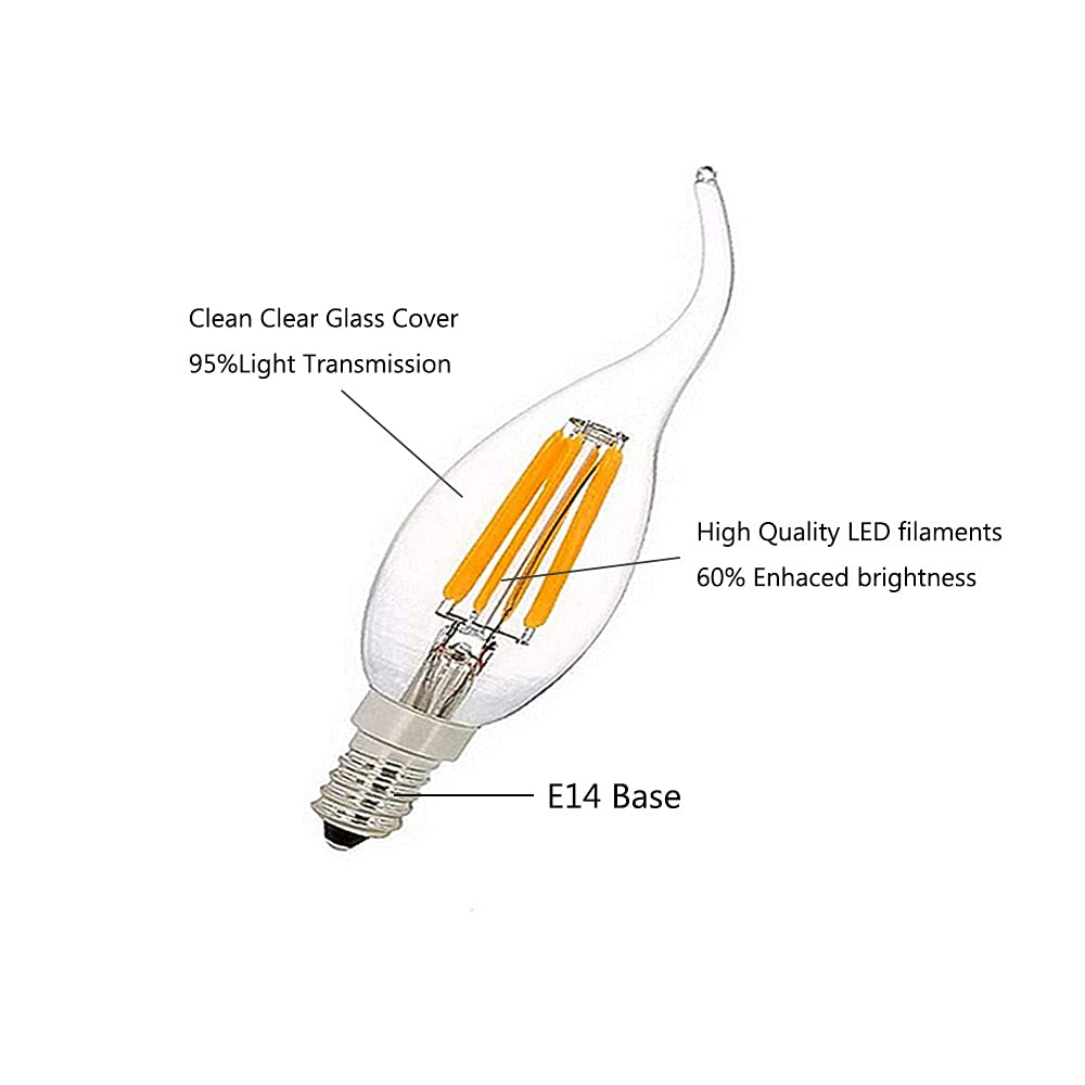 Lot de 16 E14 Ampoules de Bougie à Filament LED à Pointe de Flamme Dimmable 6W 600LM, Ampoule Halogène 60W Équivalente,2700K Blanc Chaud Petite Ampoule à Bougie Transparente à Vis Edison