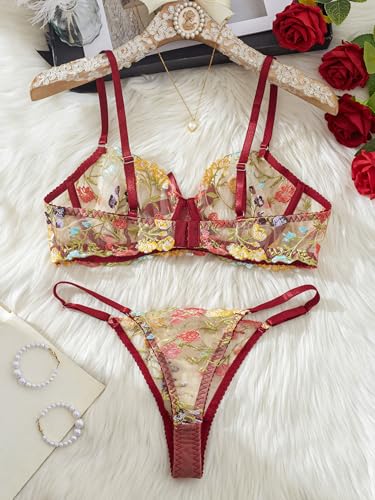 Image of Sexy Floral Embroidered Flower Mesh Underwire Push Up Lingerie Set