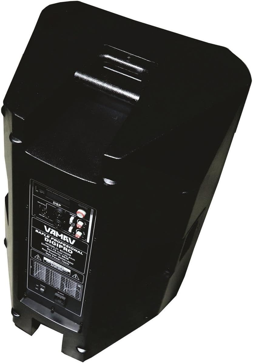 Angled rear view of the vamav DIGIPRO Professional Amplified Speaker, showing the control panel with DSP display, input/output jacks, and power switch.
