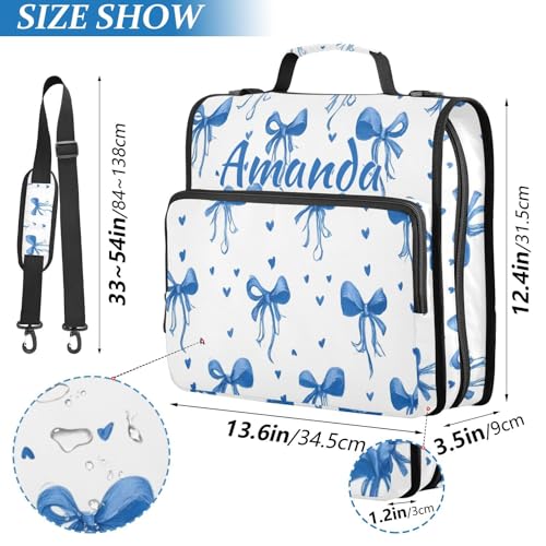 Image of Custom 3 Ring Zipper Binder Blue Bows Ribbons Polka Dots Personalized Name 1.5 inch Binders Large Capacity Multi Pockets for School Office Supplies