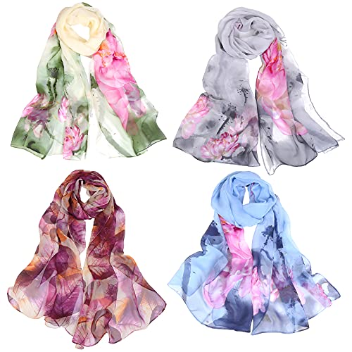 4 Stück Chiffon Floral Schal für Frauen Fashion Shawls Wraps Leichte Große Halstücher, Farbe 3, Large Cover