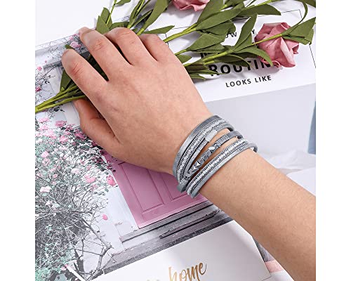 Image of Fesciory Leather Wrap Bracelets for Women, Boho Leopard Multi-Layer Crystal Beads Cuff Bracelet Jewelry