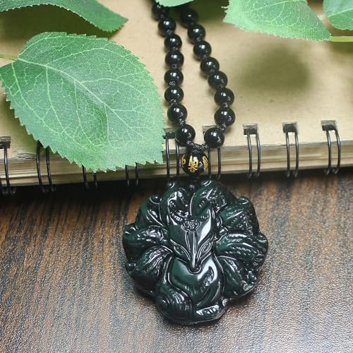 Crystal Natural Gold Silver Rainbow Obsidian Nine Tail Fox Necklace Amulet Pendant Bead with Adjustable Chain for Women Men4