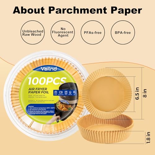 Image of Vailnd 100Pcs 6.5 Inch Round Air Fryer Liners Disposable for 3-5QT