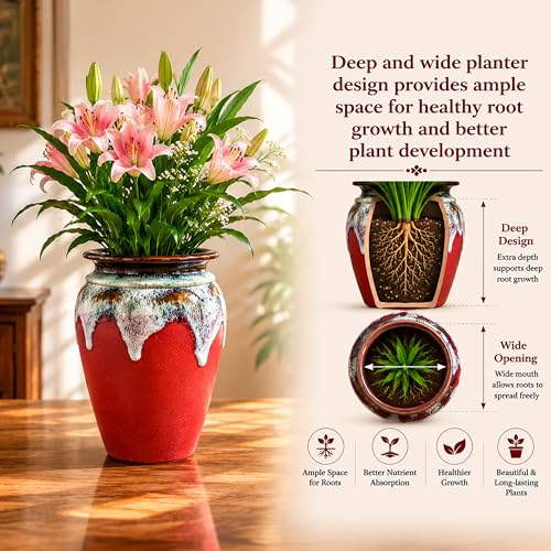 Image of Ceramic Flower Pots for Garden | Big Size Planters for Home Decor, Living Room, Balcony & Office | Multi Utility Vase Gamla for Indoor Outdoor Plants (Hand-Painted, Red, 10 Inch)