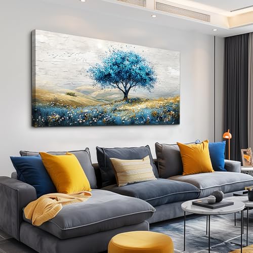 PHAOHUAXM Large Canvas Wall Decoration For Living Room Wall Art For Bedroom Blue Tree Landscape Wall Paintings Office Decoration Farmhouse Mural Artwork Room Home Decor Posters Aesthetics 30x60 In