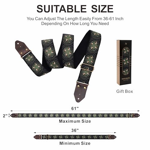 Image of Nefelibata Guitar Strap,Jacquard Embroidery Cotton Guitar Straps with Crazy Horse Leather Ends for Bass, Electric & Acoustic, Best Gifts for Kids, Guitarists(Military Green Sun Embroidery)