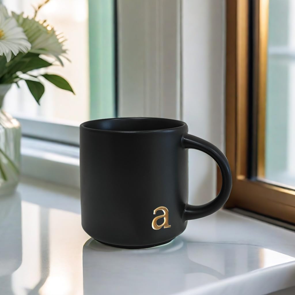 COLLECTIVE HOME - Black Monogram Ceramic Mugs, 15 oz Golden Initial Coffee Cups, Elegant Alphabet Tea Mugs, Personalized Halloween Mug with Gift Box, Perfect for Office and Home Décor (a) - Image 6