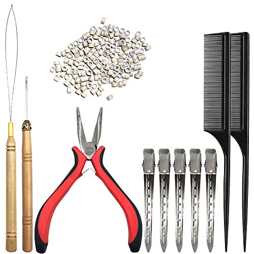 Hair Extension Kit,DanziX Pliers Pulling Hook Bead Device Tool Kit 200 Pcs Beige Silicone Lined Micro Rings Beads 2 Pcs Combs 5 Pcs Silver Metal Alligator Hair Pins for Hair Styling Tools Accessory