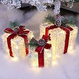 Fulong's Opulent Christmas Lighted Gift Boxes Decor Set of Three Pre-lit LED Presents | Warm White Garden, Porch, Room Decor & Tree Skirt Ornaments | Indoor 60 Lights Set