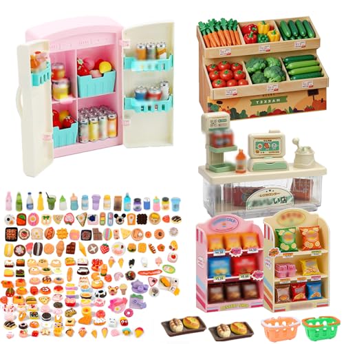 Juego de 112 piezas de botellas de comida y bebida en miniatura para compras, mini cesta de supermercado con estantes, máquina expendedora para accesorios de casa, mini adornos de nevera Make It Mini