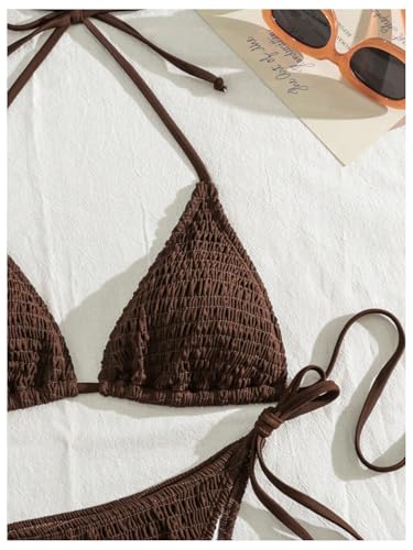 GORGLITTER Women's Halter Triangle Bikini Set Smocked String High Cut Thong Swimsuit Bathing Suit Beach Fashion 20253