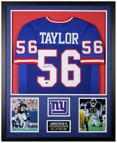 Lawrence Taylor Autographed Blue New York Jersey - Beautifully Matted and Framed - Hand Signed and Certified Authentic by Beckett