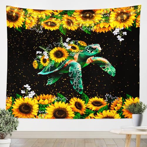 Manfei Sunflower Wall Blanket Tapestries Sea Turtle with Yellow Sunflowers Printed Tapestry Floral Wall Hanging for Bedroom Soft Polyester Wall Art Hanging, Medium 59.1 x 59.1 Inches