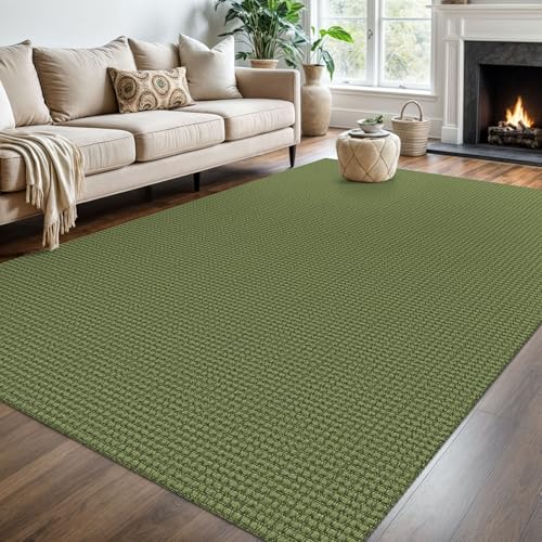 KOZYFLY Washable Area Rug 6x9 ft Rubber Backed Non Slip Rugs for Living Room Braided Cotton Bedroom Rug Woven Office Rugs Indoor Floor Carpets for Dining Bedroom Living Room, Olive Green/Earthy Green