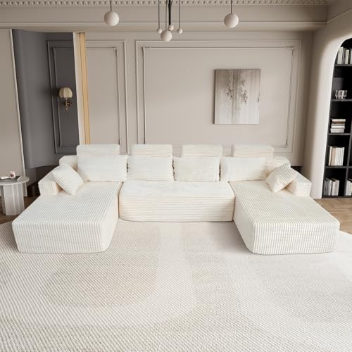 Image of 134 inch Boneless Couch for Living Room, Oversized U Shaped Modular Cloud Sofa with Deep Seat, 6 Seater Convertible Memory Foam Couches, No Assembly Plush Corduroy Sofa (Beige)