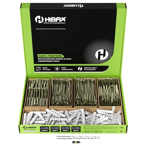 Heifix 320-Piece Wall Plug and Screw Set In Eco Storage Box - FREE 6mm Masonry Drill Bit and PZ2 Bit - Assorted Sizes for Masonry and Wood Ideal for DIY and Home Project