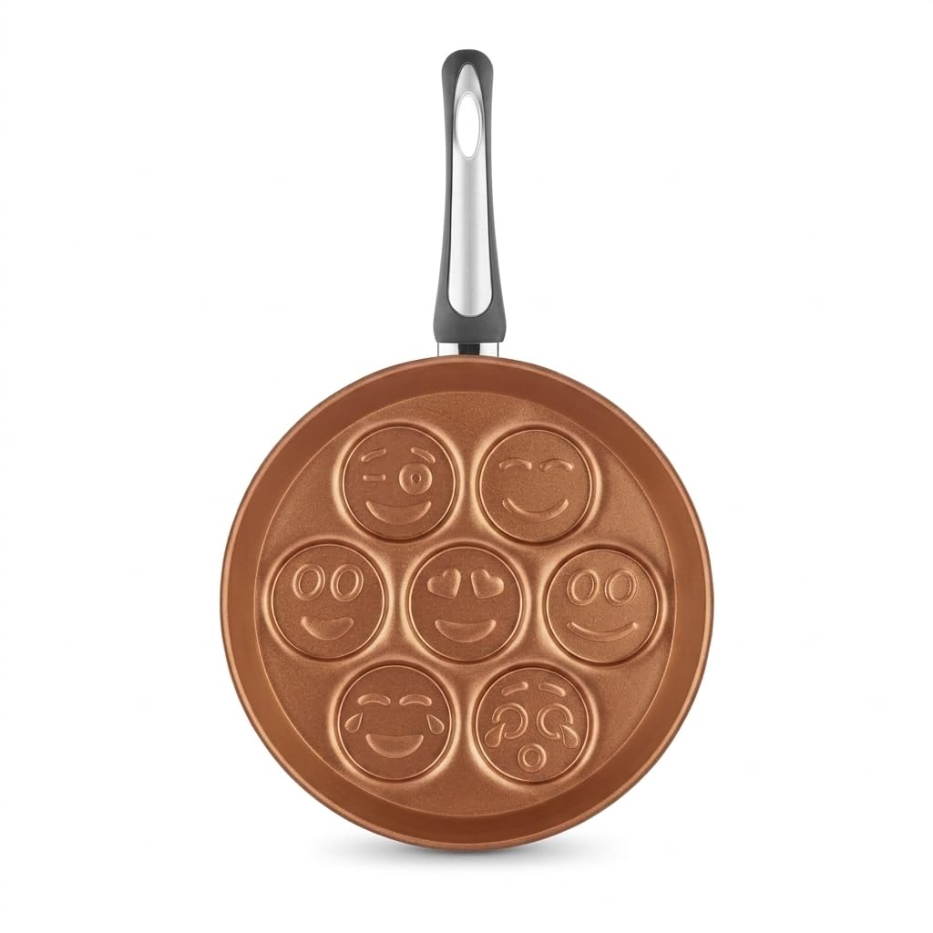 Papilla Redio Emoji Pankek ve Yumurta Tavası - 7 Bölmeli Gülen Yüz Tasarımlı, Yanmaz Yapışmaz Krep Tavası (28 cm) (BRONZ)
