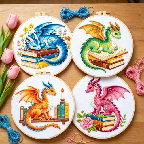 Image of BEUNITONE 4 Set Embroidery Kits for Beginners with Dragon Pre-Print Patterns, DIY Craft Kits Include Instructions and 2 Embroidery Hoops, Cross Stitch Needlepoint Kits for Craft Lover and Home Decor