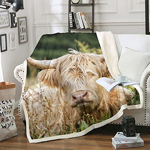 Cartoon Highland Cow Sherpa Blanket 3D Beige Bull Cattle Fleece Throw Blanket for Kids Boys Girls Western Animal for Sofa Bed Farmhouse,King 87x94 Inch