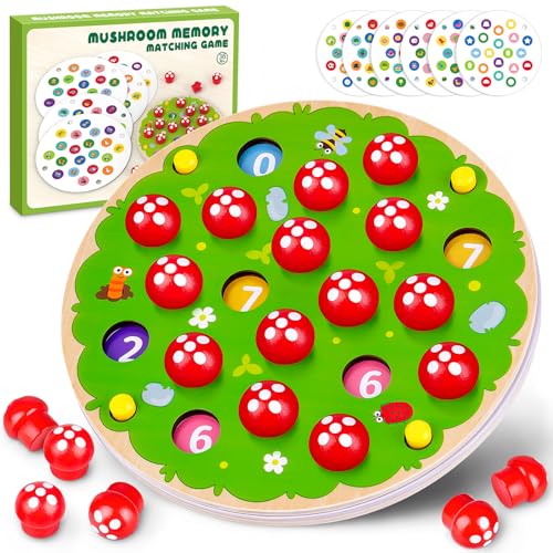 Montessori Spielzeug ab 3 4 5 6 Jahre: Memory Spiel - Geschenk für Jungen Mädchen Kinderspiel Gedächtnis Brettspiel Lernspielzeug Flip Holzspielzeug Familienspiel und Reisespiel für 2-4 Spieler