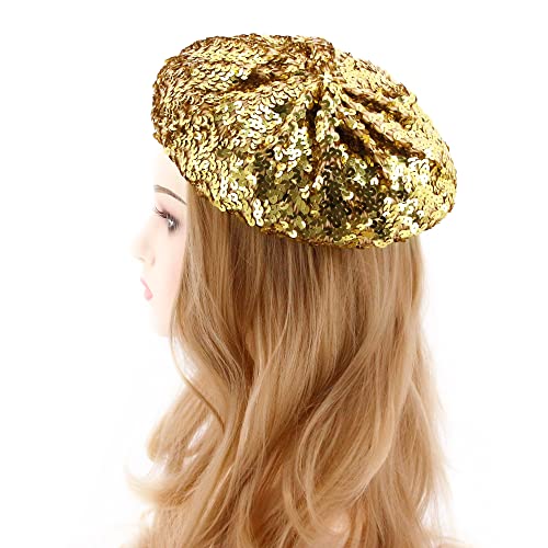 Radish Stars Women's Sparkle Sequin Shimmer Stretch Beanie Beret Hat Cap Bright Vintage Classic Headwear For Party Club Dance Gold #TOP2