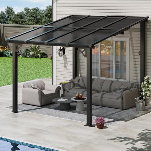 Image of 10x8 FT Lean to Gazebo Pergola, Outdoor Wall Mounted Gazebos with Polycarbonate Roof, Large Hardtop Metal Heavy Duty Awnings, Patio Canopy for Backyard, Deck, Porch (Black)