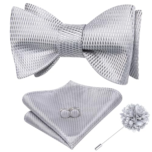 Image of Dubulle Self Tie Bow Ties and Lapel Pin for Men Paisley Solid Mens Bowtie and Handkerchief Cufflinks Set Wedding