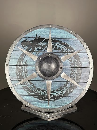 Bouclier dragon | Bouclier viking authentique en bois porté par la mythologie nordique Valhalla | Bouclier guerrier médiéval bleu/noir