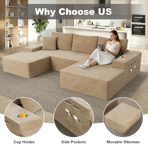 Image of 106 inch Cloud Sectional Couch with Ottoman, Modern U Shaped Corduroy Sofa, Higher 17.7 inch Seat Height, 32D Pure Foam, Built in Cup Holders, No Assembly Required (Camel, Left Facing Chaise)
