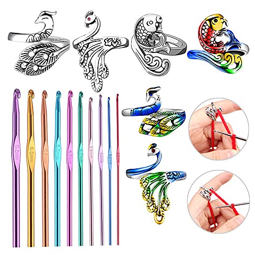 Knitting Loop Ring, DyAi 6Pcs Adjustable Knitting Crochet Loop Ring, Peacock Open Finger Ring, Yarn Guide Finger Holder with 10 Sizes Knitting Needle Crochet Hooks for Knitting