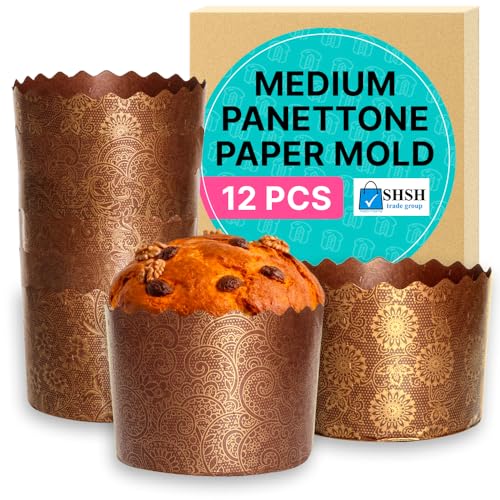 Kulich,Molde de papel para pan de Pascua de 12 onzas, 12 piezas, molde para paska, moldes para hornear papel panettone italiano, diseño marrón de 4.33 pulgadas de anchox3.35 pulgadas de alto
