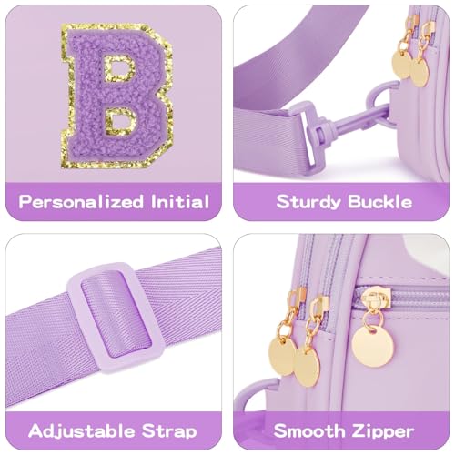 Image of Initial Sling Bag Crossbody Purse for Kids Girls Age 3-8 | Personalized Initial Gift, Soft Vegan Leather, Adjustable Strap & 3 Pockets for Kids Girls 3-8, Purple B